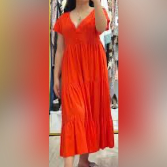 ZARA Sz L Viscose Linen Blend Tiered V-Neck Flowy Feminine Fresh Maxi Dress NEW - Picture 2 of 10